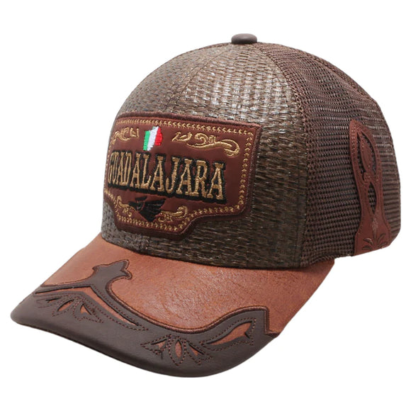Mexico Guadalajara City Straw Fablic Trucker Brown Cap Hat