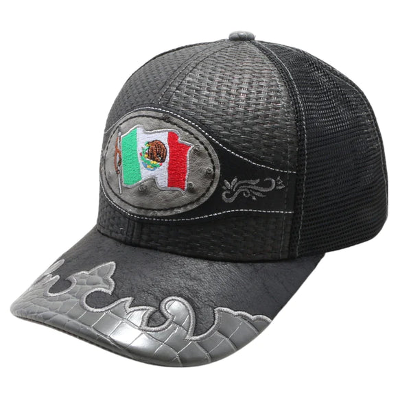 Mexico Flag Straw Fablic Trucker Black Cap Hat
