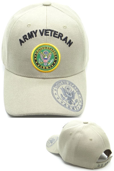 US Military Army Veteran Emblem on Brim Khaki Adjustable Baseball Hat Cap