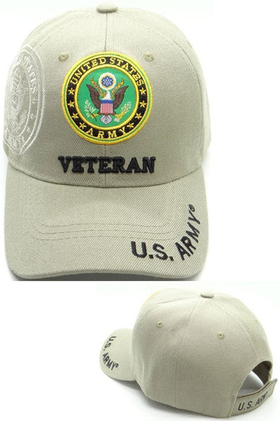 US Military Army Veteran Emblem on Side Khaki Adjustable Baseball Hat Cap