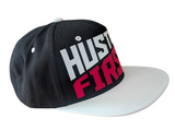 Hustle First Flock Print Style Snapback Hat Cap (Black/White)