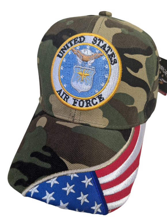 US Air Force Emblem Woodland Flag Brim Baseball Hat Cap