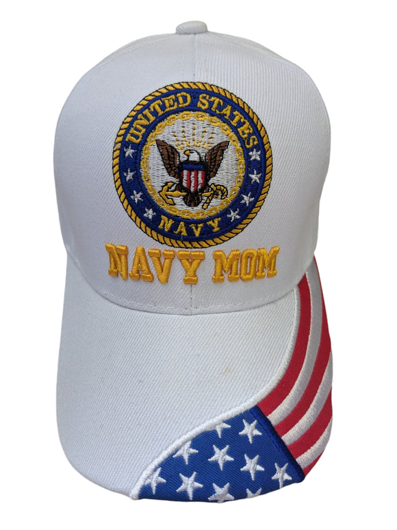 US Military Navy Mom Flag on Brim White Baseball Hat Cap