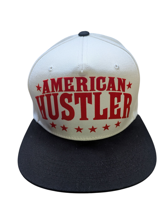 American Hustler Flock Print Style White/Black Snapback Hat Cap