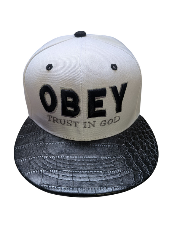 Trust in God Obey Snake Skin Brim Texture White/Black Flat Bill Snapback Hat