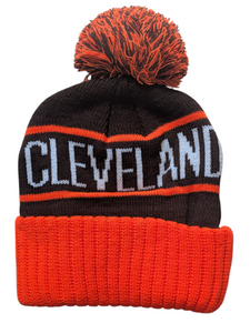 Cleveland City Name Bubble Knit Brown/Orange Pom Beanie Skull Cap