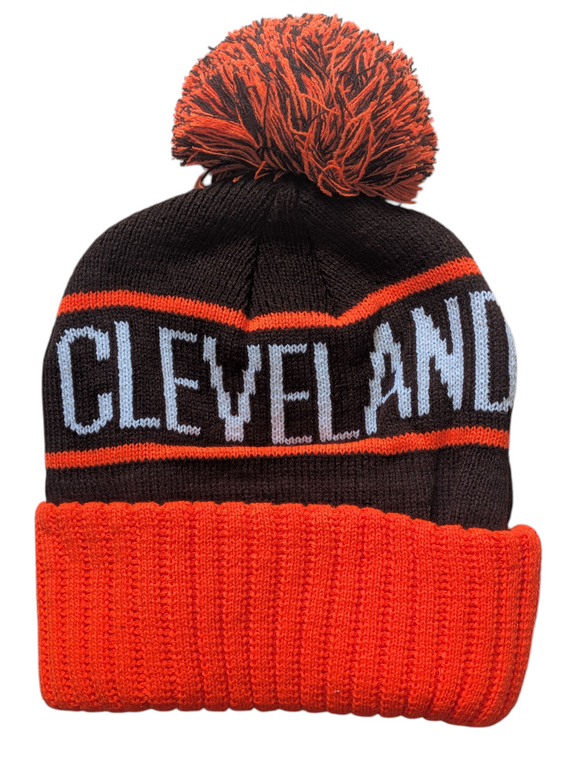 Cleveland City Name Bubble Knit Brown/Orange Pom Beanie Skull Cap