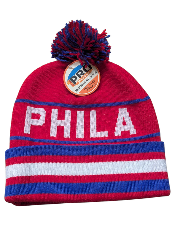 Philadelphia City Inline Style Red/Blue Pom Beanie Skull Cap