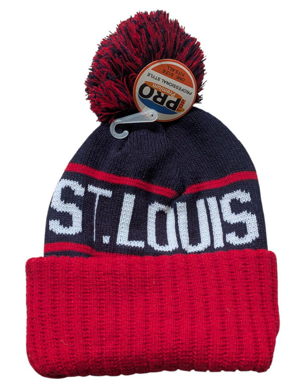 St Louis City Name Bubble Knit Navy Blue/Red Pom Beanie Skull Cap