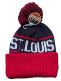 St Louis City Name Bubble Knit Navy Blue/Red Pom Beanie Skull Cap