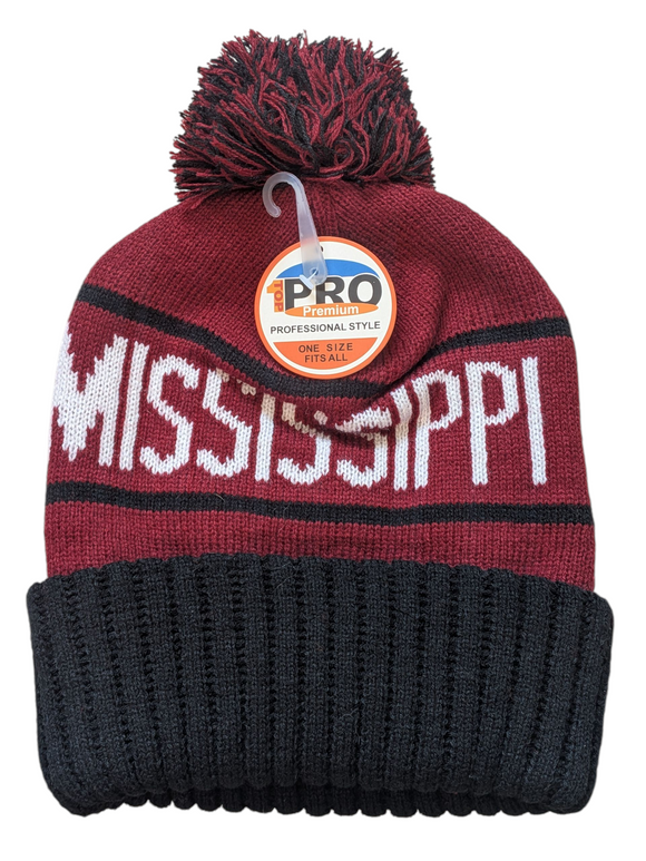 Mississippi State Name Bubble Knit Brown/Black Pom Beanie Skull Cap
