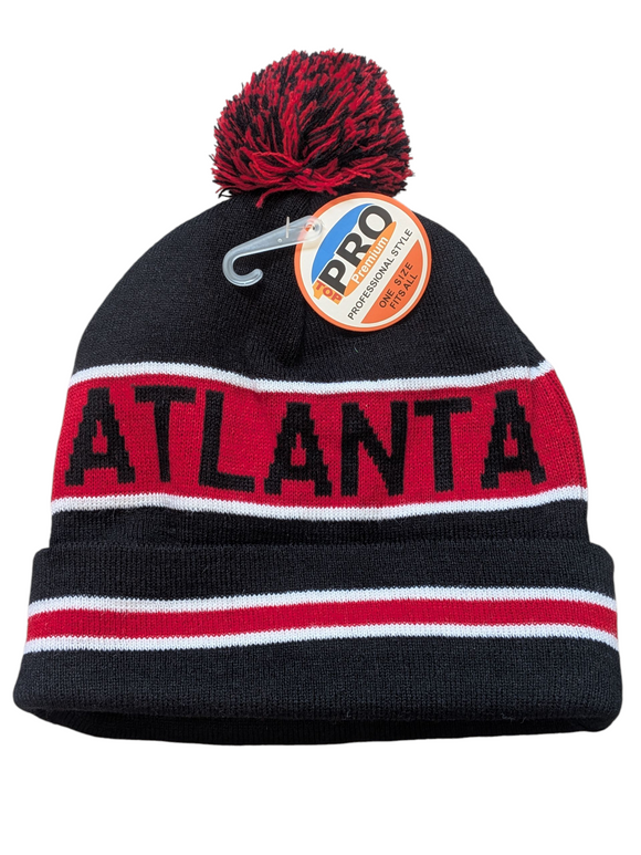 Atlanta City Inline Style Black/Red Pom Beanie Skull Cap