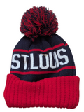 St Louis City Name Bubble Knit Navy Blue/Red Pom Beanie Skull Cap