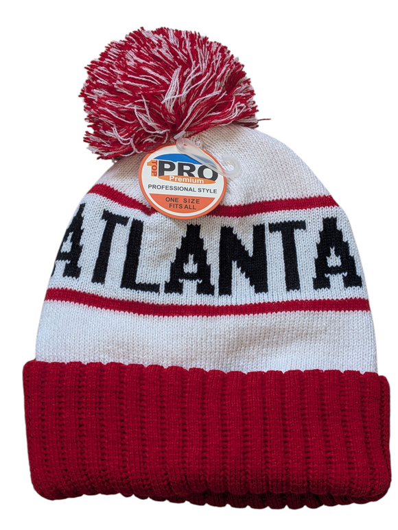 Atlanta City Name Bubble Knit White/Red Pom Beanie Skull Cap