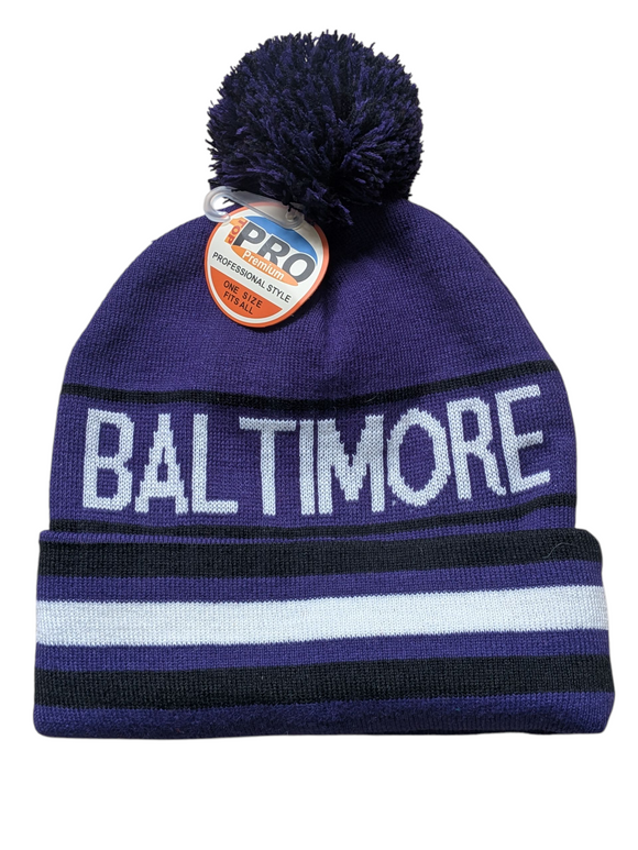 Baltimore City Inline Style Purple/Black Pom Beanie Skull Cap
