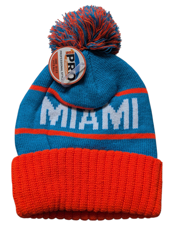 Miami City Name Bubble Knit Aqua/Orange Pom Beanie Skull Cap