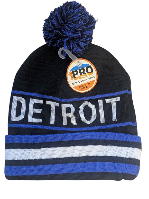 Detroit City Inline Style Black/Blue Pom Beanie Skull Cap