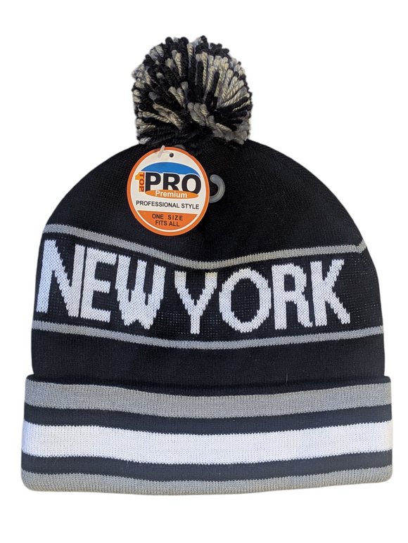 New York City Inline Style Black/Grey Pom Beanie Skull Cap