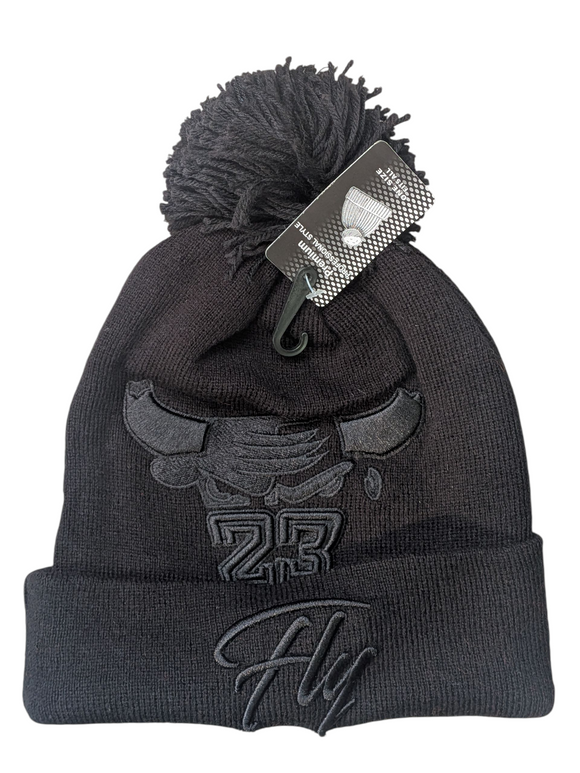 23 Fly Chicago Embroidery Style Black Cuffed Pom Knit Beanie Cap