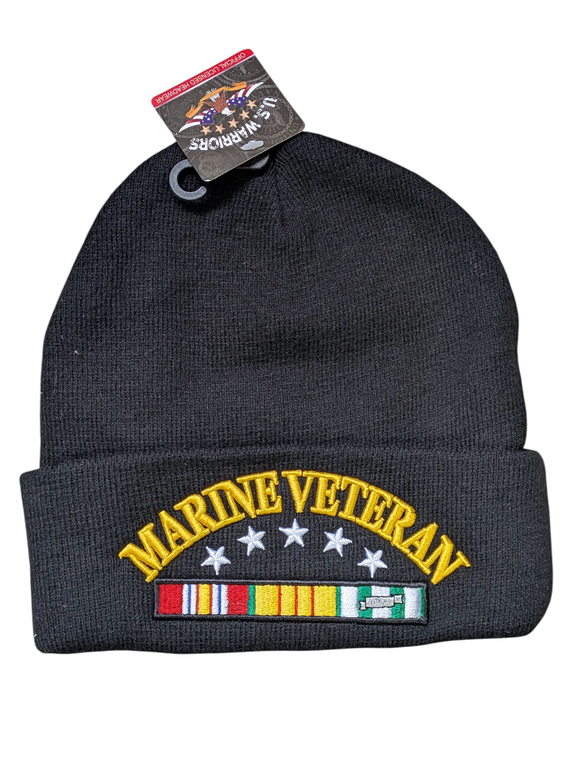 US Military Marine Veteran Black Skull Beanie Hat Cap