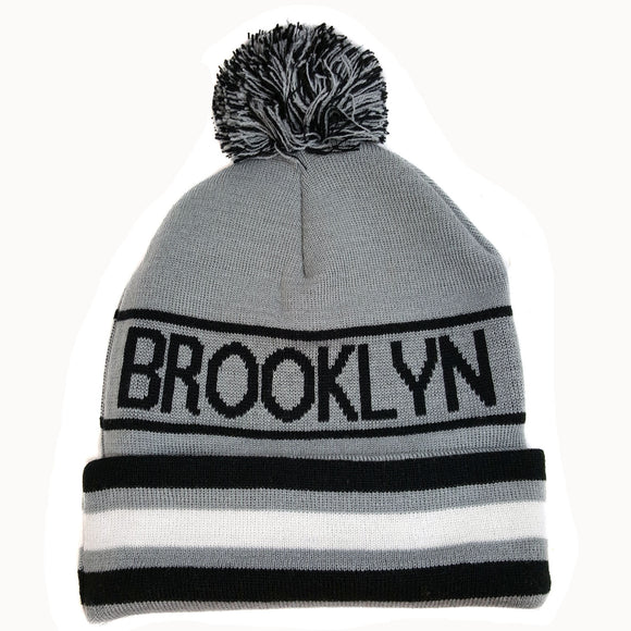 Brooklyn City Inline Style Grey Pom Beanie Skull Cap