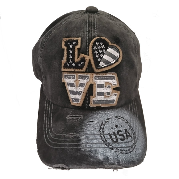 USA Love Heart Design Pigment Vintage Cotton Black Baseball Hat