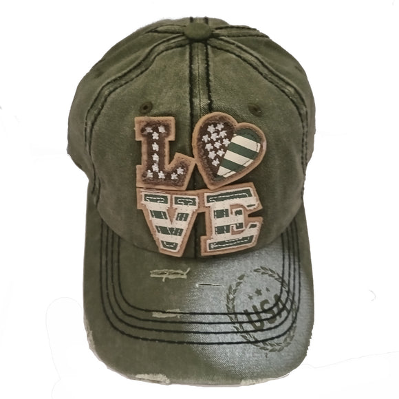 USA Love Heart Design Pigment Vintage Cotton Olive Baseball Hat