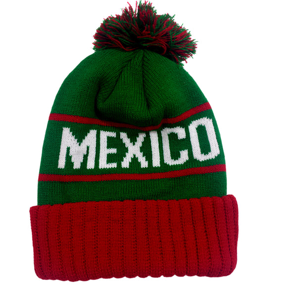 Mexico Bubble Knit Green/Red Beanie Pom Skull Cap