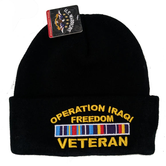 US Military Operation Iraqi Freedom Veteran Black Skull Beanie Hat Cap