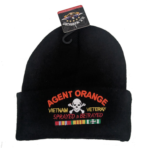 US Military Agent Orange Vietnam Veteran Black Skull Beanie Hat Cap