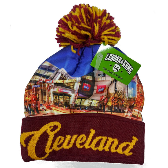 Cleveland City Theme Winter Picture Pom Cuffed Knit Beanie Skull Cap