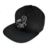 Scorpion Embroidered White/Black Shadow Flat Bill Snapback Hat Cap