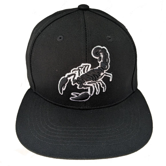 Scorpion Embroidered White/Black Shadow Flat Bill Snapback Hat Cap