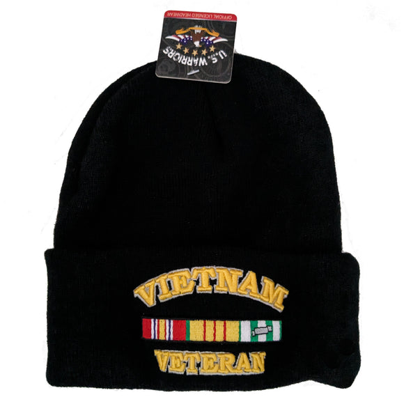 US Military Vietnam Veteran Black Skull Beanie Hat Cap