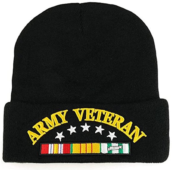 US Military Army Veteran Black Skull Beanie Hat Cap