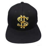 Dollar Sign Embroidered Gold/Black Flat Bill Snapback Hat Cap