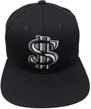Dollar Sign Embroidered Silver/Black Flat Bill Snapback Hat Cap