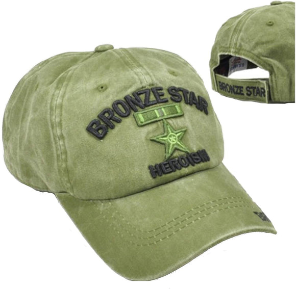 US Military Bronze Star Heroism Pigment Washed Olive Adjustable Baseball Hat Cap