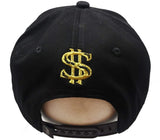 Dollar Sign Embroidered Gold/Black Flat Bill Snapback Hat Cap