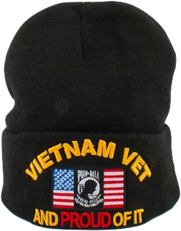US Military Vietnam Vet And I'm Proud of It Black Skull Beanie Hat Cap