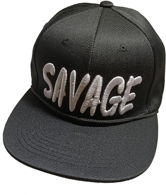 Savage Embroidered String Brim Black Flat Bill Snapback Hat Cap