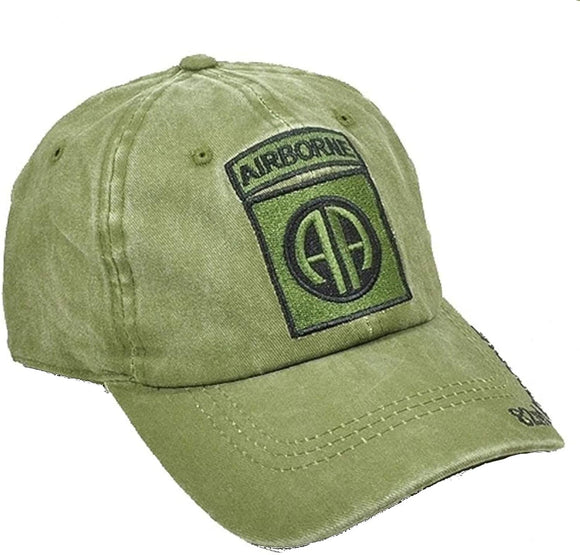 US Military 82nd Airborne Logo Pigment Washed Olive Adjustable Baseball Hat Cap
