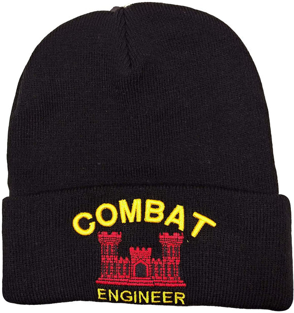 US Military Combat Engineer Black Skull Beanie Hat Cap