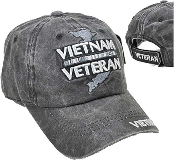 US Military Vietnam Veteran Pigment Washed Black Adjustable Baseball Hat Cap