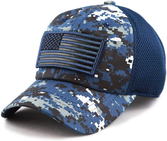 US Flag Detachable Patch Micro Soft Mesh Baseball Hat Cap (Navy Blue Camouflage)