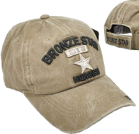US Military Bronze Star Heroism Pigment Washed Khaki Adjustable Baseball Hat Cap