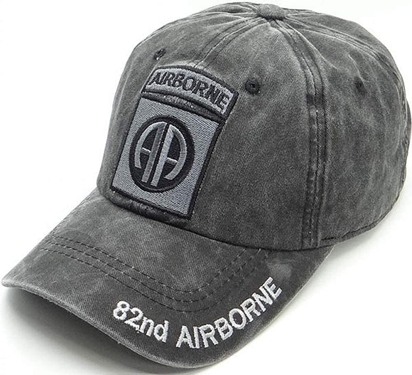 US Military 82nd Airborne Logo Pigment Washed Black Adjustable Baseball Hat Cap