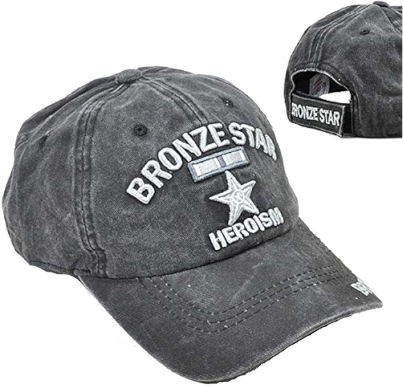 US Military Bronze Star Heroism Pigment Washed Black Adjustable Baseball Hat Cap