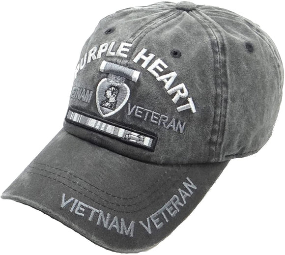 US Military Purple Heart Vietnam Veteran Pigment Washed Black Adjustable Baseball Hat Cap