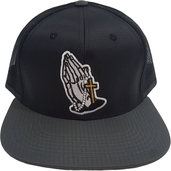 Praying Hands with Cross Fashion Mesh Back Snapback Cap (Black/Charcoal)